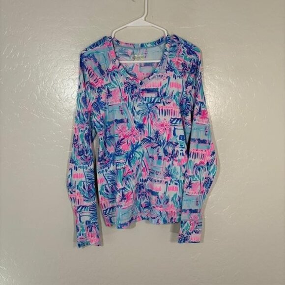 Lilly Pulitzer Luxletic Shirt Womens Medium Pink Blue Palm Print Long Sleeve - Picture 1 of 9